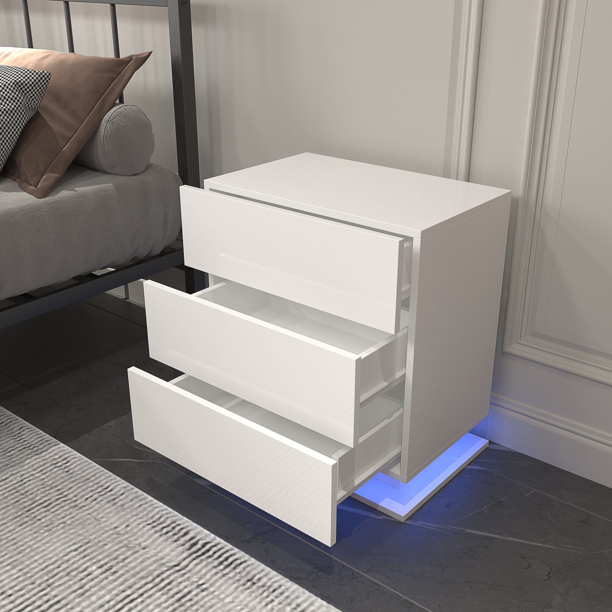 LED Nightstand with 3 drawers,White bedside Table ,Modern End Side Table for Bedroom