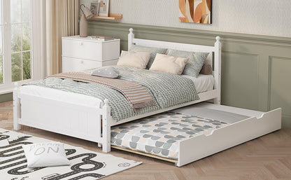 Full Size Solid Wood Platform Bed Frame with trundle for Limited Kids, Teens, Adults, No Need Box Spring, White