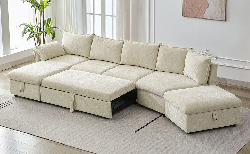 146.9" L-shaped Sofa Sectional Sofa Couch Pull-out Sofa Bed with a Movable Storage Ottoman, a Storage Chaise Lounge and Two USB Ports for Living Room, Beige