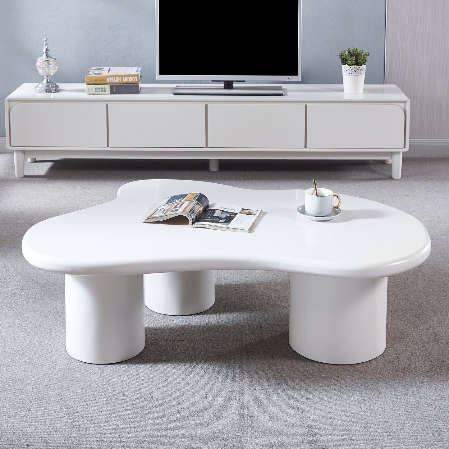 Modern Style Coffee Table with Unique Desktop Design and Elegant White Paint