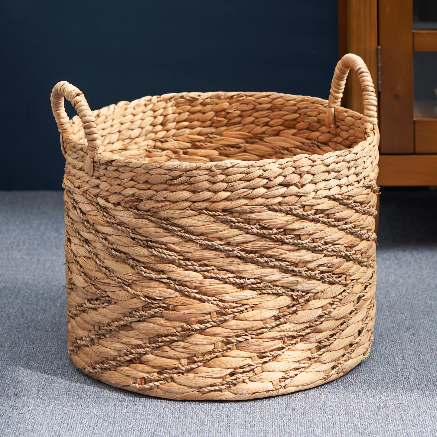 Round Water Hyacinth Seagrass Woven Basket with Handles - 15" x 15" x 15" - Natural Brown - For Clothes, Towels, Canvas, Toys and Magazine Storage and Home Decoration