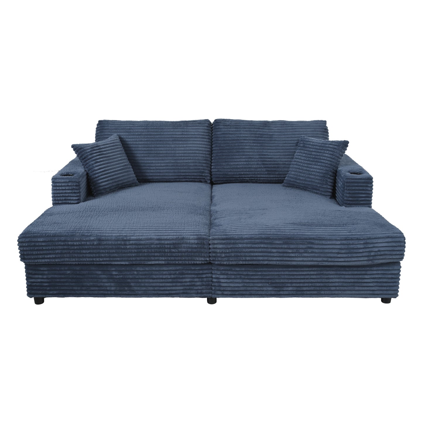 86.5" Oversized Loveseat Chaise Lounge Sectional Sofa Bed Corduroy Sleeper Sofa with Two USB Ports , Two Cup Holders and Two Throw Pillows for Living Room and Bedroom, Blue