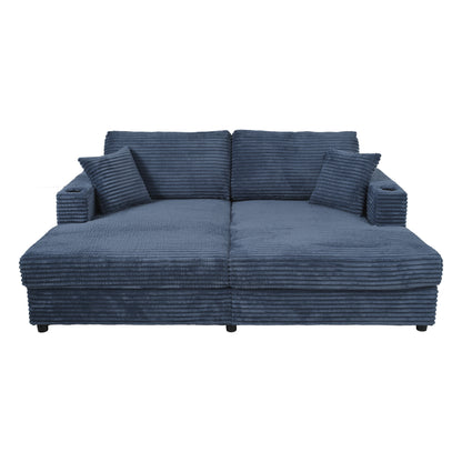 86.5" Oversized Loveseat Chaise Lounge Sectional Sofa Bed Corduroy Sleeper Sofa with Two USB Ports , Two Cup Holders and Two Throw Pillows for Living Room and Bedroom, Blue