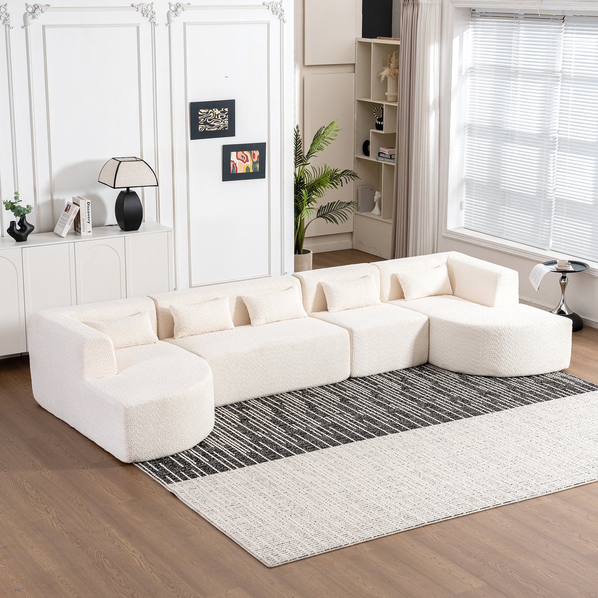 143.7" Upholstered Sofa Free-combined Sofa Couch with Two Chaise Lounge and Five Back Pillows for Living Room, Beige