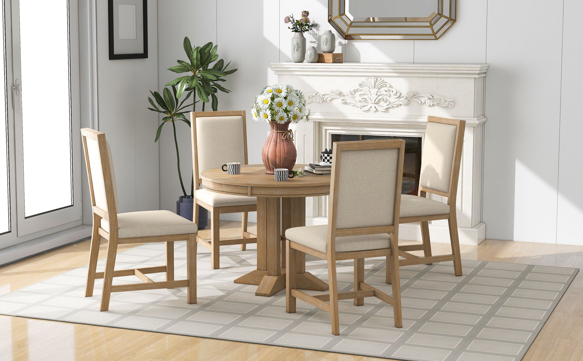 TREXM 5-Piece Dining Set Extendable Round Table and 4 Upholstered Chairs Farmhouse Dining Set for Kitchen, Dining Room(Natural Wood Wash)