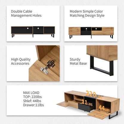 Modern TV Stand with 2 Cabinets& Open Storage Compartment, Color-matching Media Console Table for TVs up to 85'', Entertainment Center with Drop Down Door for Living Room, Bedroom, Home Theatre