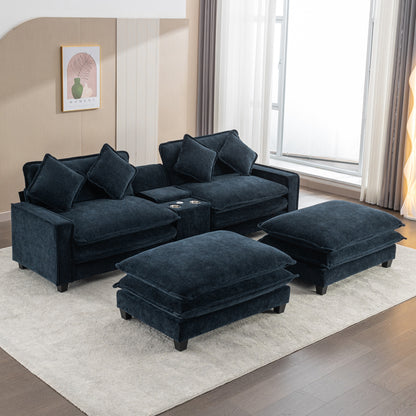 112.6" Sectional Sofa Chenille Upholstered Sofa with Two Removable Ottoman, Two USB Ports, Two Cup Holders and Large Storage Box for Living Room, Blue