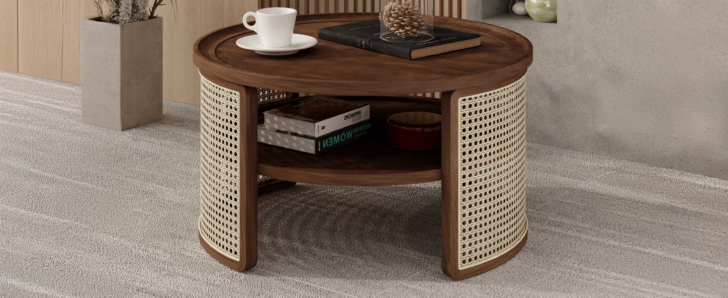 2-Tiered Round Walnut Wood Coffee Table with Storage Rattan Base in 31.3''