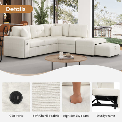 86.6" Sectional Sofa L-shaped Sofa Couch Pull-out Sofa Bed with a Movable Ottoman, Two USB Ports  and Two Cup Holders for Living Room, Beige