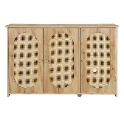 TREXM Retro 3-Door Sideboard with Large Storage Space Artificial Rattan Doors and Metal Handles, Accent Cabinet for Living Room and Hallway (Natural Wood)