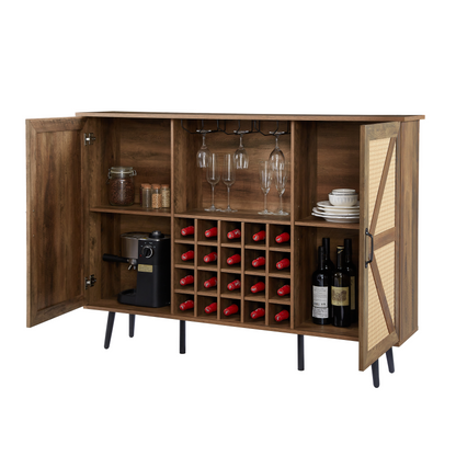 Oak Color Faux Rattan Barn Door Wine Cabinet with Wine Rack and Wine Glass Rack, Double Door Design with Removable Shelves, Rustic Wood Storage Cabinet