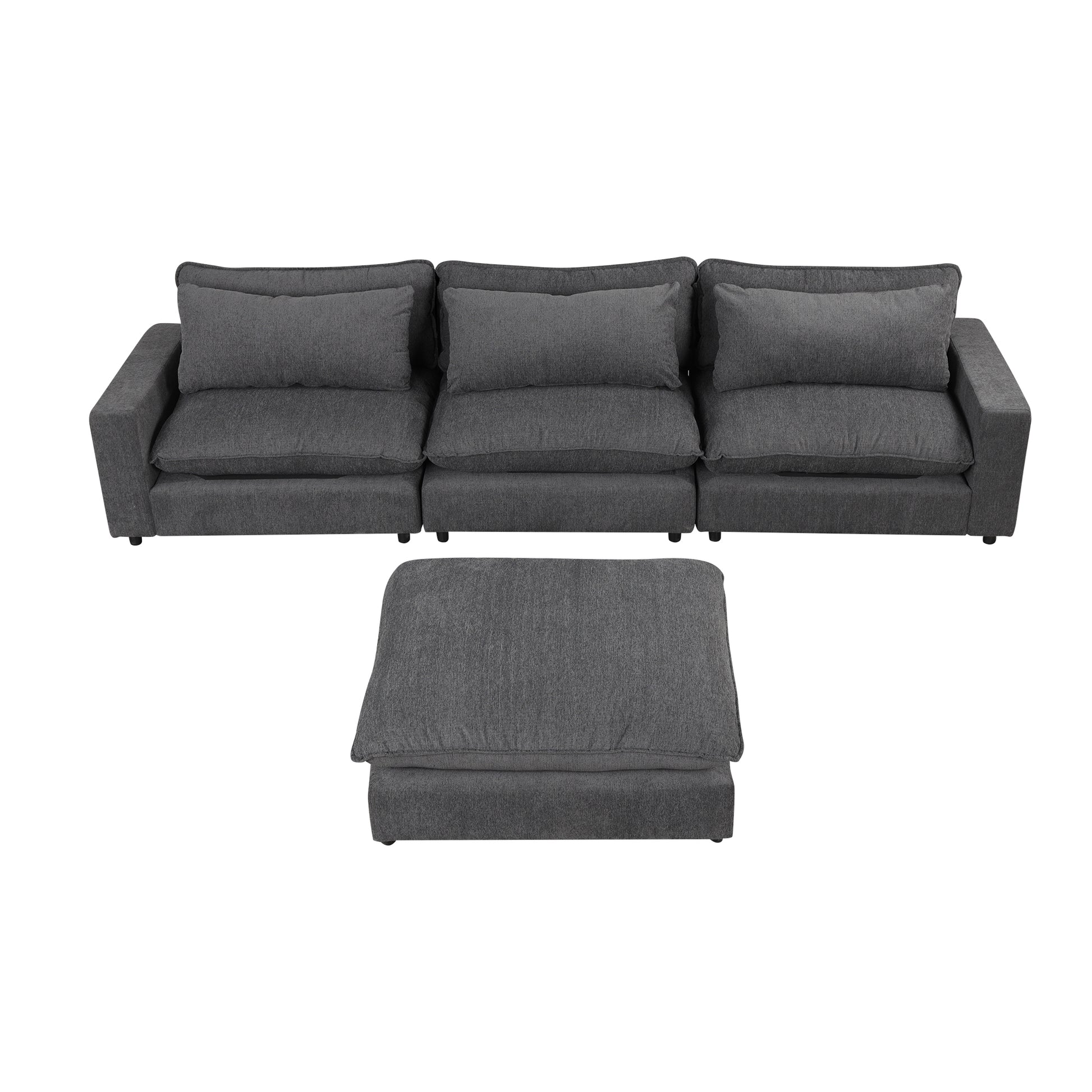 128" Sectional Sofa Cloud Sofa Chenille Upholstered Sofa  Couch with Movable Ottoman, Comfortable Seat Cushions, Charging Ports and Three Back Pillows for Living Room, Grey