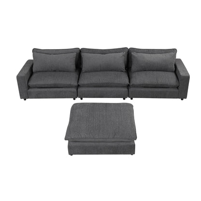 128" Sectional Sofa Cloud Sofa Chenille Upholstered Sofa  Couch with Movable Ottoman, Comfortable Seat Cushions, Charging Ports and Three Back Pillows for Living Room, Grey