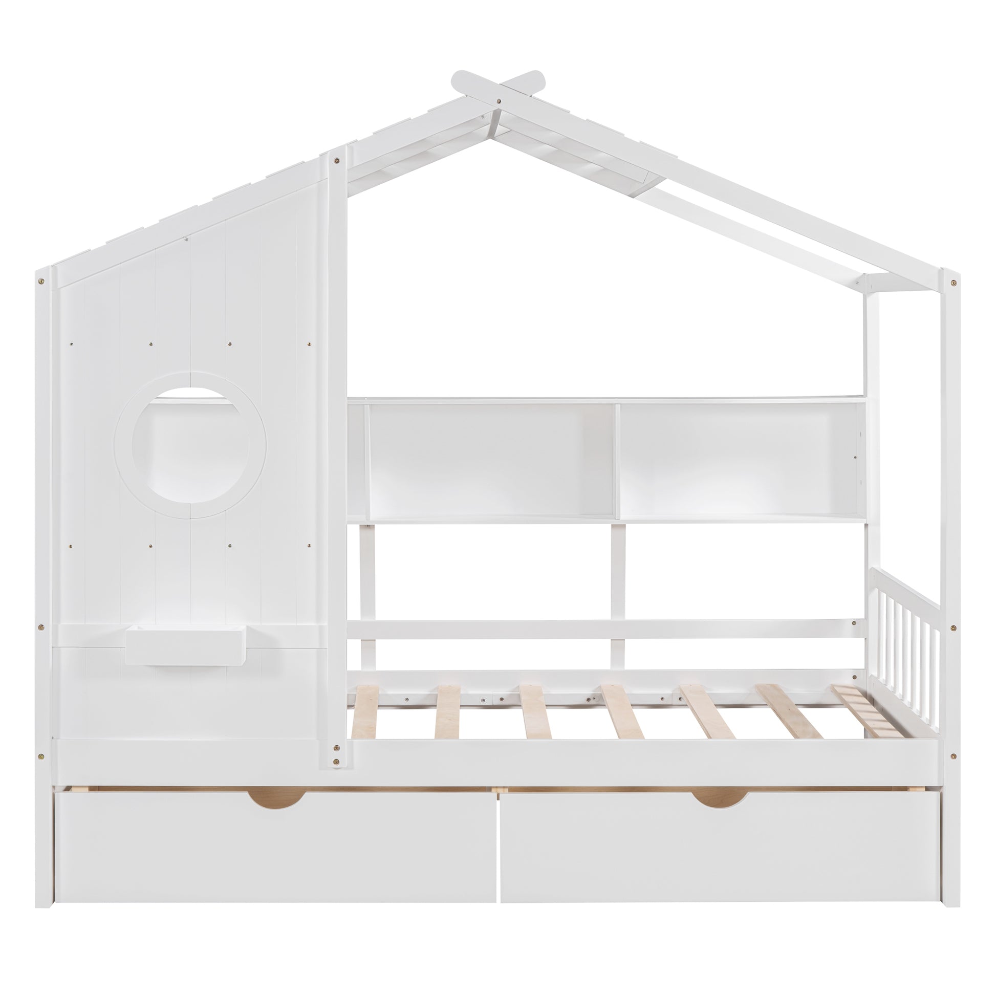 Wooden Twin Size House Bed with 2 Drawers,Kids Bed with Storage Shelf, White