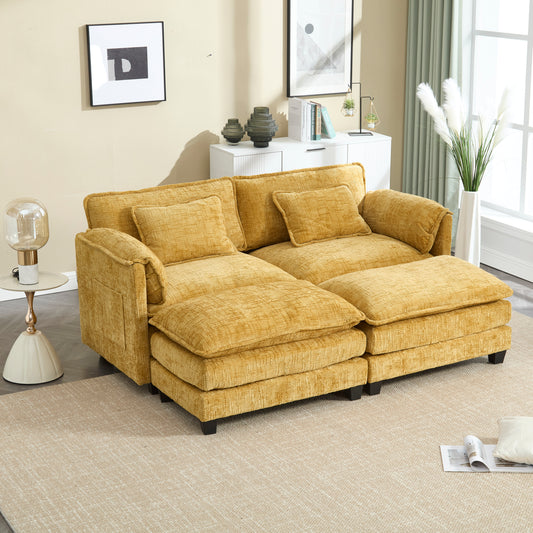 UNITED WE WIN Chenille fabric, solid construction, the overall structure of the sofa is stable, detachable armrests, two foot stools and two-seat sofa with side pockets