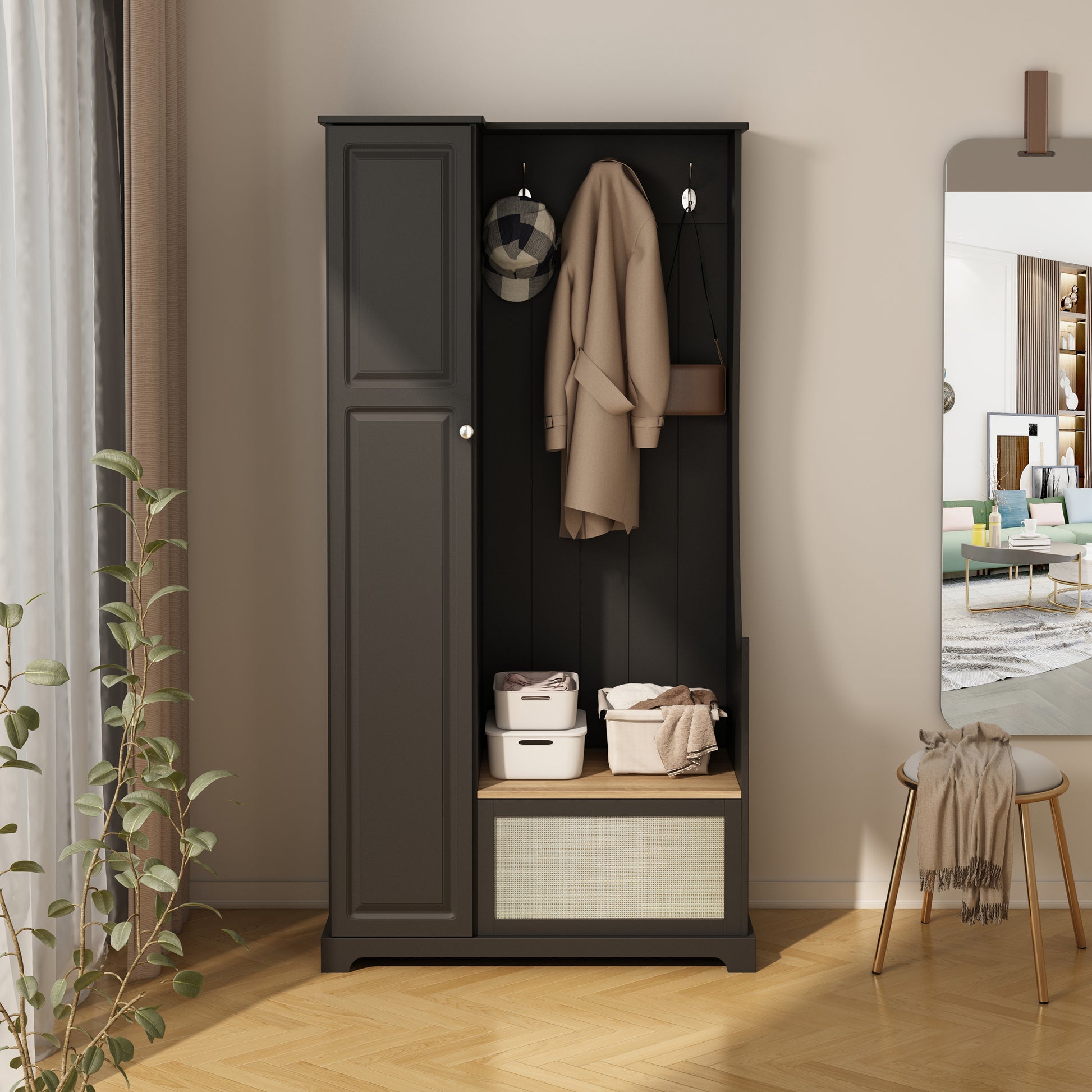 Hall Tree with Bench, Storage Cabinet, Suitable for Living Room, Entryway, Bedroom