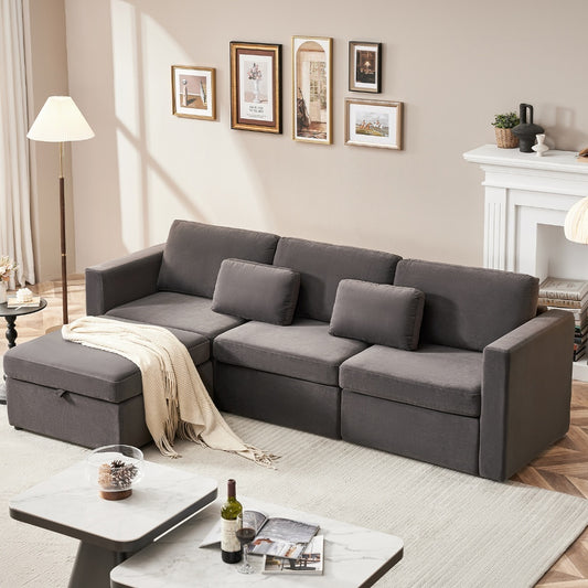 Modern Velvet Modular Sectional Sofa, L Shape Convertible Sofa Set with Pillows, Oversized Sectional Couches with Storage Ottomans for Living Room, Loft, Apartment, Office - Dark Gray 4 Seats