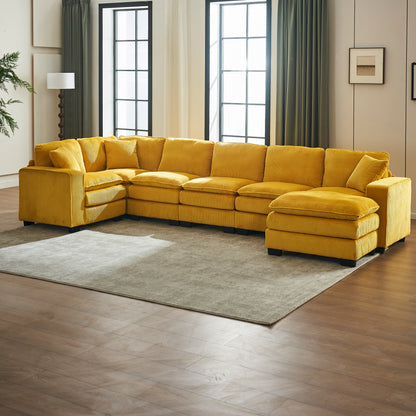 Modern U Shaped 6-seat Sectional Sofa Couch with one Ottoman and three toss pillows ,Modular Sofa for Living Room,Corduroy sofa