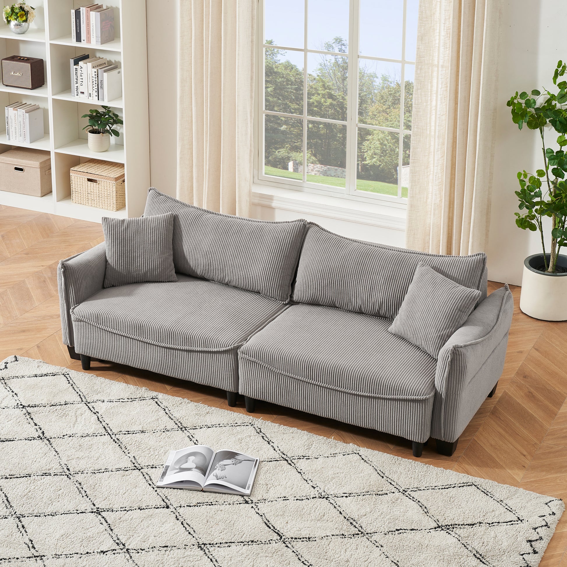 2345 grey corduroy fabric, sofa can be converted into a sofa bed with two throw pillows, suitable for living room and other scenes