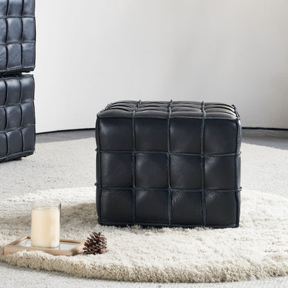 17.32''W Genuine Leather Tufted Ottoman,Footstool for Living Room & Bedroom,Black Color