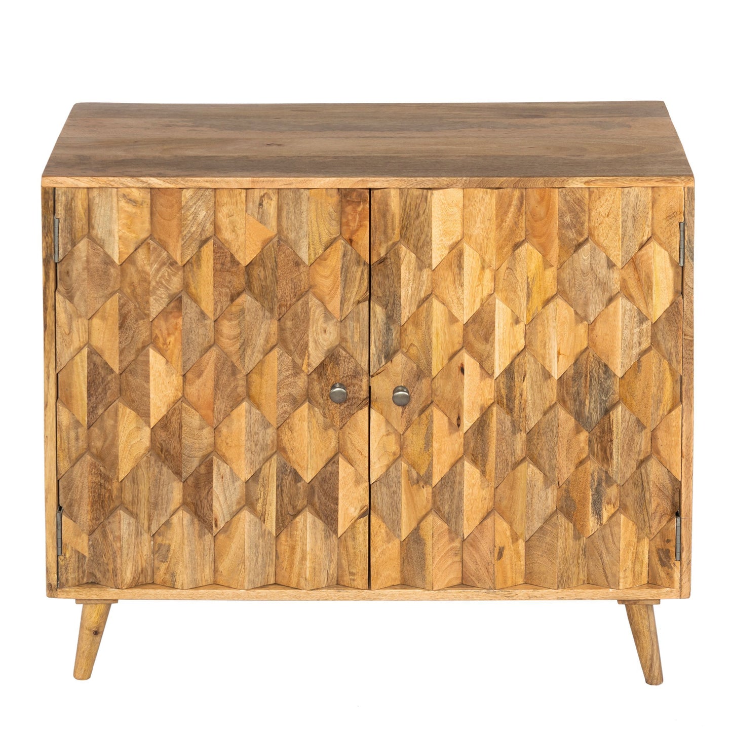 36 Inch Handcrafted Accent Cabinet, 2 Honeycomb Inlaid Doors, Mango Wood, Natural Brown