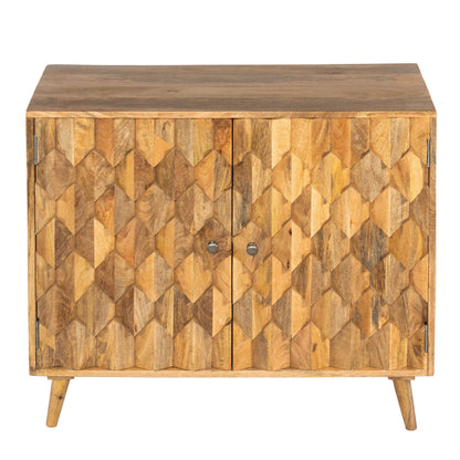 36 Inch Handcrafted Accent Cabinet, 2 Honeycomb Inlaid Doors, Mango Wood, Natural Brown