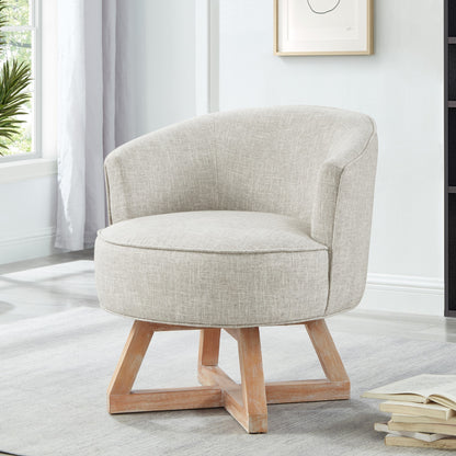 Swivel chair with cross-shaped wooden base,Lounge chair with solid wood legs, 360°freely Swivel chair ,  Classic linen Fabric for living room, bedroom, office, dresser -Light Gray