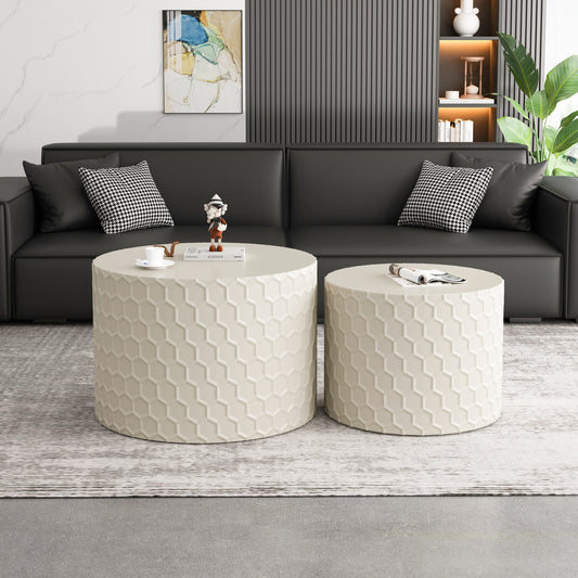 Stylish and Minimalist Nesting Coffee Table Set with Honeycomb Design, Modern Round Coffee Table, Drum Circle Coffee Table  for Living Room, Bedroom, Beige(Set of 2 Pieces)