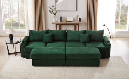 123.2" Modern Style 4-seater Sofa Sectional Sofa Couch with Storage Space, Two Movable Ottomans, Two USB Ports, Two Cup Holders, A Phone Holder for Living Room, Green