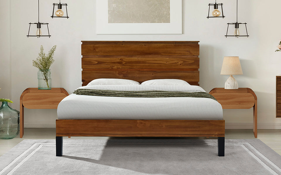 Mid-Century Modern Solid Wood Bed Frame Queen Size Platform Bed with Six-Piece Headboard Design, No Box Spring Needed, Brown