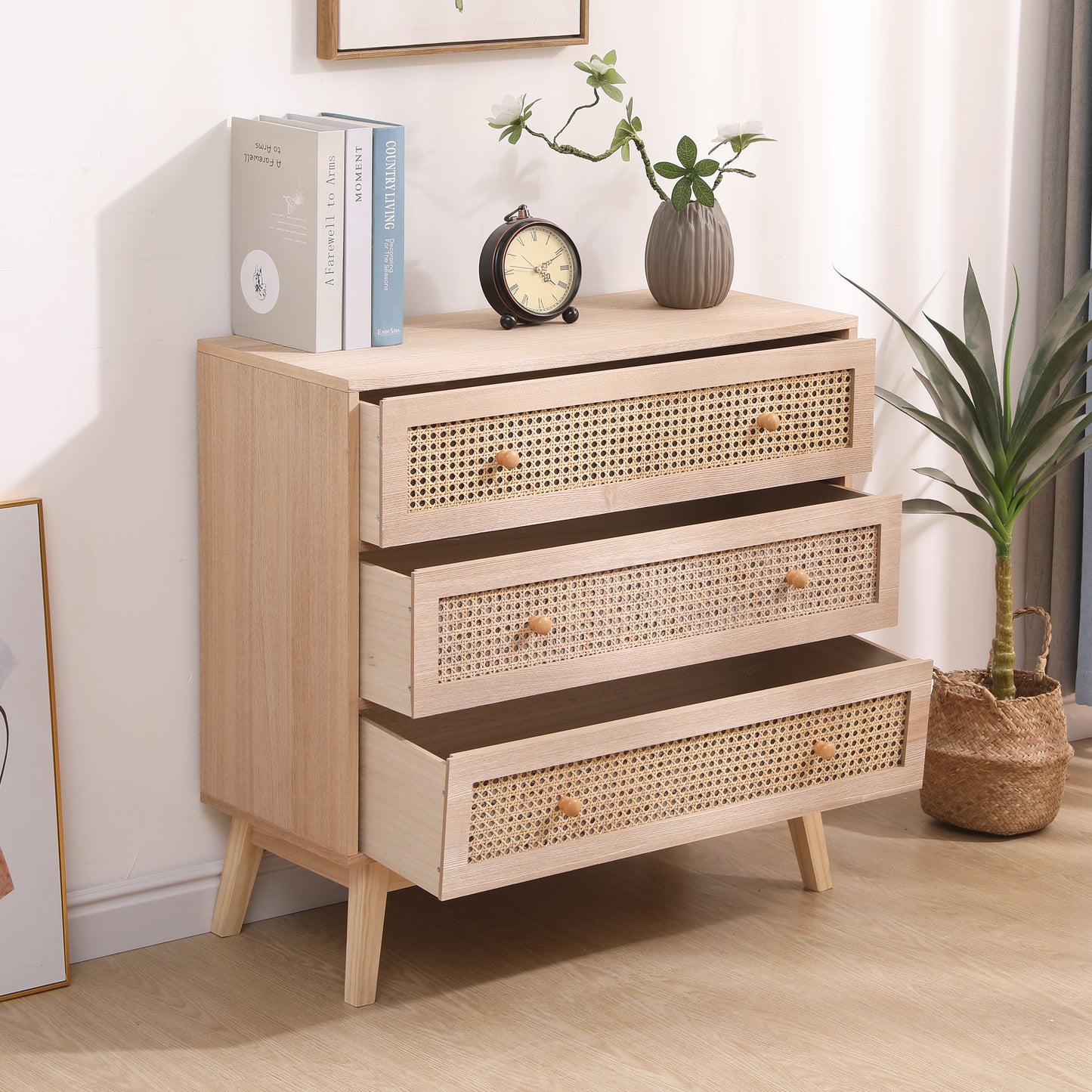 31.5 "3-Drawers Rattan Storage Cabinet Rattan Drawer,for Bedroom,Living Room,Natural