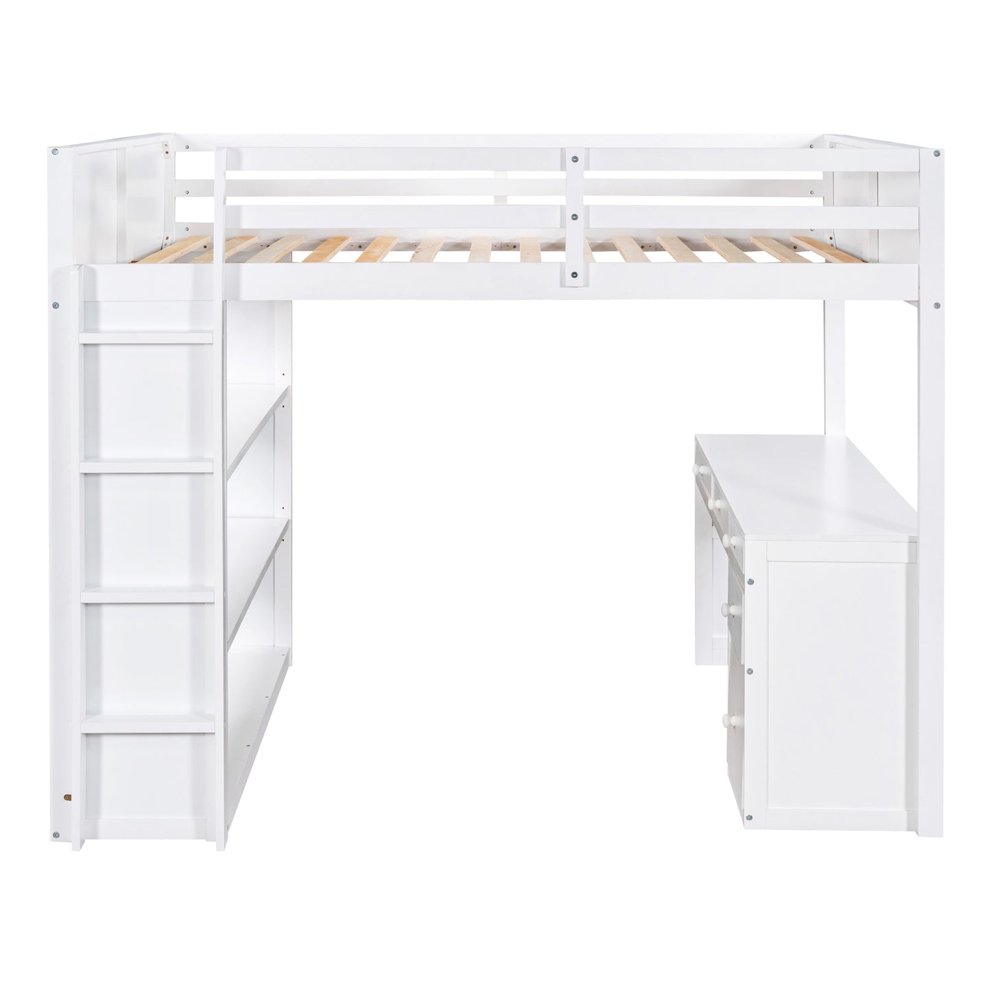 Full Size Loft Bed with Ladder, Shelves, and Desk, White