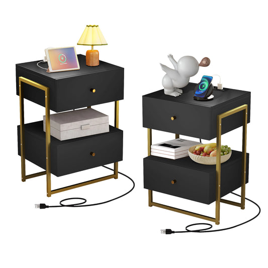 Nightstands Set of 2 with Charging Station and USB Ports, Retro End Table with Storage Drawer, Bedside Sofa Side Table for Living Room Bedroom (Black)