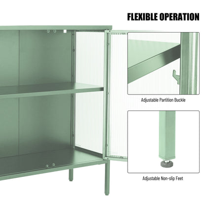 Stylish 4-Door Tempered Glass Cabinet with 4 Glass Doors Adjustable Shelf and Feet Anti-Tip Dust-free Fluted Glass Kitchen Credenza Light Green