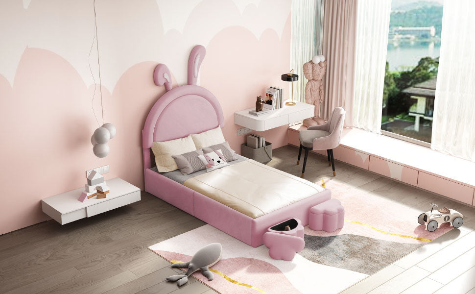 Twin size Upholstered Rabbit-Shape Bed with 2 Storage Stools, Velvet Platform Bed with Cartoon Ears Shaped Headboard, Pink