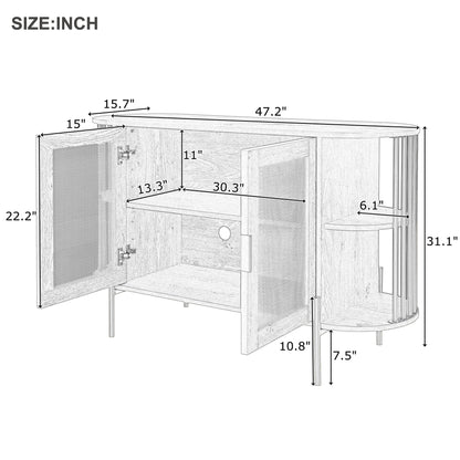 TREXM 2-Door Elegant Curved Dining Cabinet with Gold Trim and Woven Rattan Doors for Dining Room (Dark Gray)