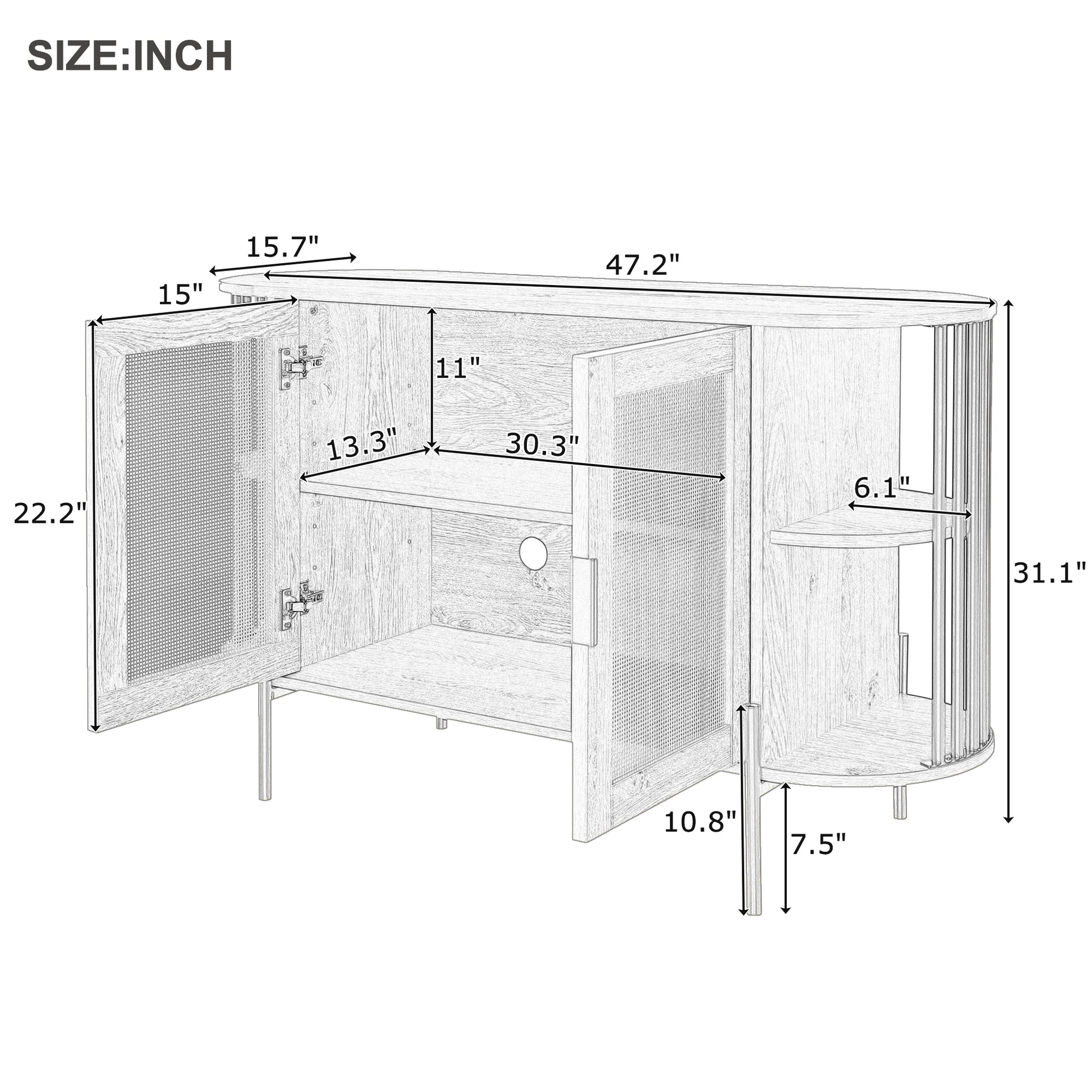 TREXM 2-Door Elegant Curved Dining Cabinet with Gold Trim and Woven Rattan Doors for Dining Room (Natural)