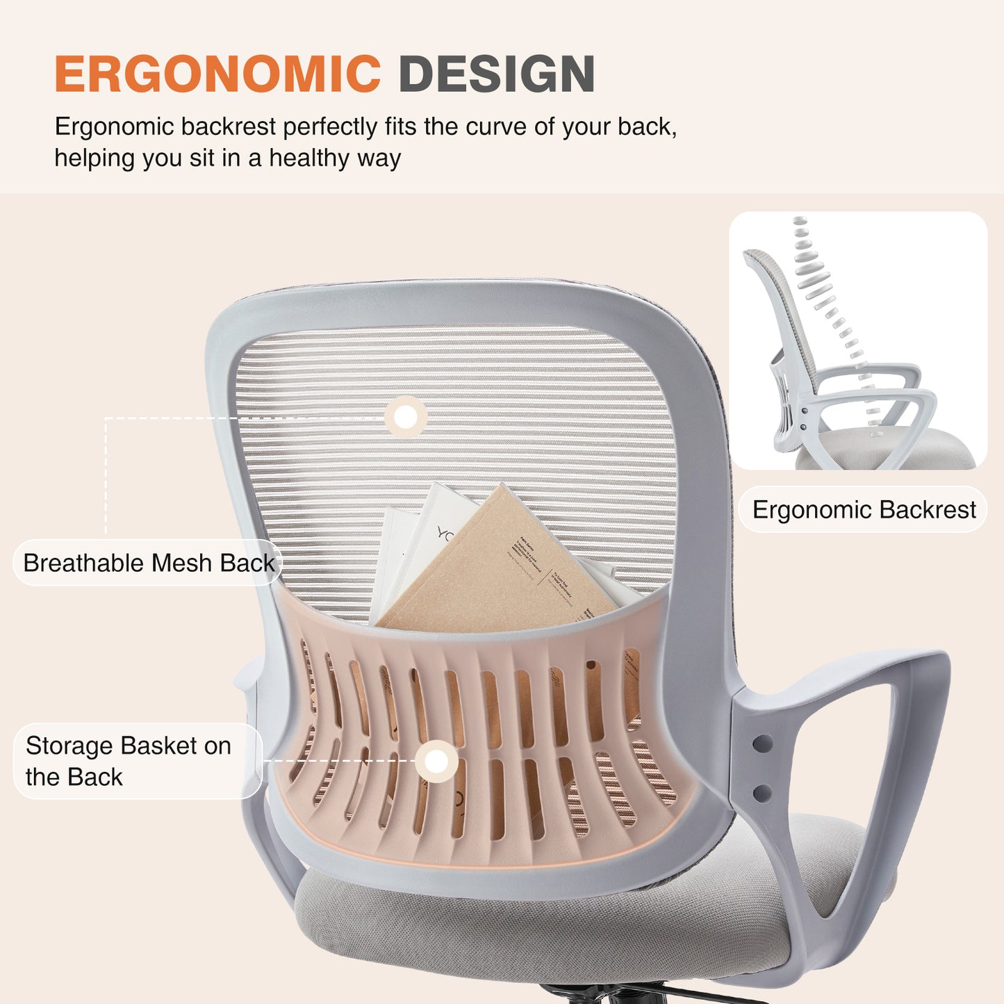 Sweetcrispy Ergonomic Office Chair Home Desk Mesh Chair with Fixed Armrest Executive Computer Chair with Soft Foam Seat Cushion