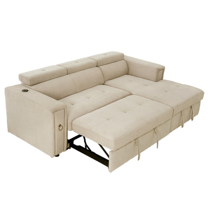 96" Multi-Functional Pull-Out Sofa Bed L-Shape Sectional Sofa with Adjustable Headrest, Wireless Charging, Cup Holders and Hidden Storage for Living Room, Bedroom, Office, Beige