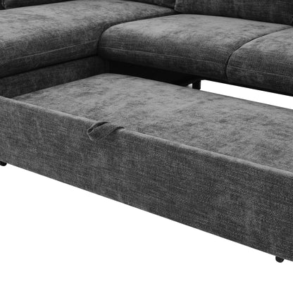 146.9" L-shaped Sofa Sectional Sofa Couch Pull-out Sofa Bed with a Movable Storage Ottoman, a Storage Chaise Lounge and Two USB Ports for Living Room, Grey