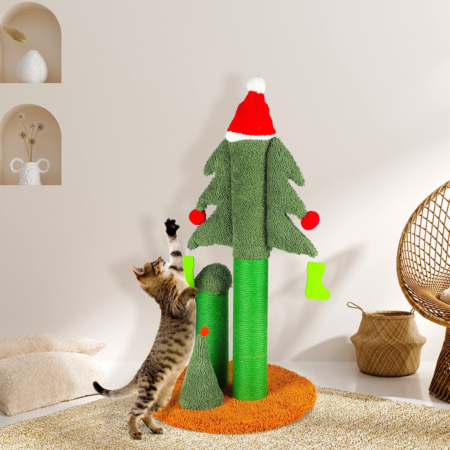 32'' Cat Scratching Post, Tall Christmas Tree Cat Scratcher with 3 Posts and Cute Dangling Teaser Balls, Natural Sisal Rope Cat Toys for Kitty and Adult Cats