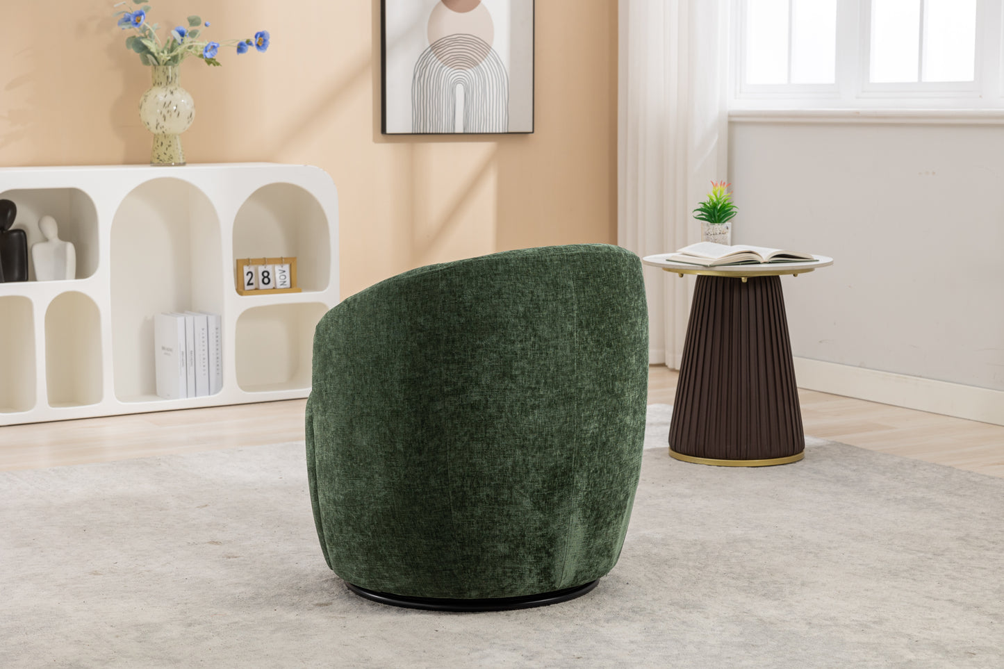 037-Chenille Fabric Swivel Accent Armchair Barrel Chair With Black Powder Coating Metal Ring,Green