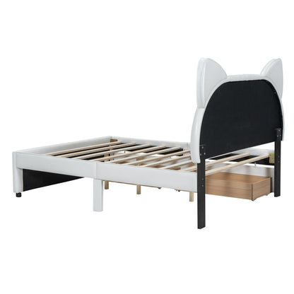 Full Size Upholstered Platform Bed with Cartoon Ears Shaped Headboard and 2 Drawers, White