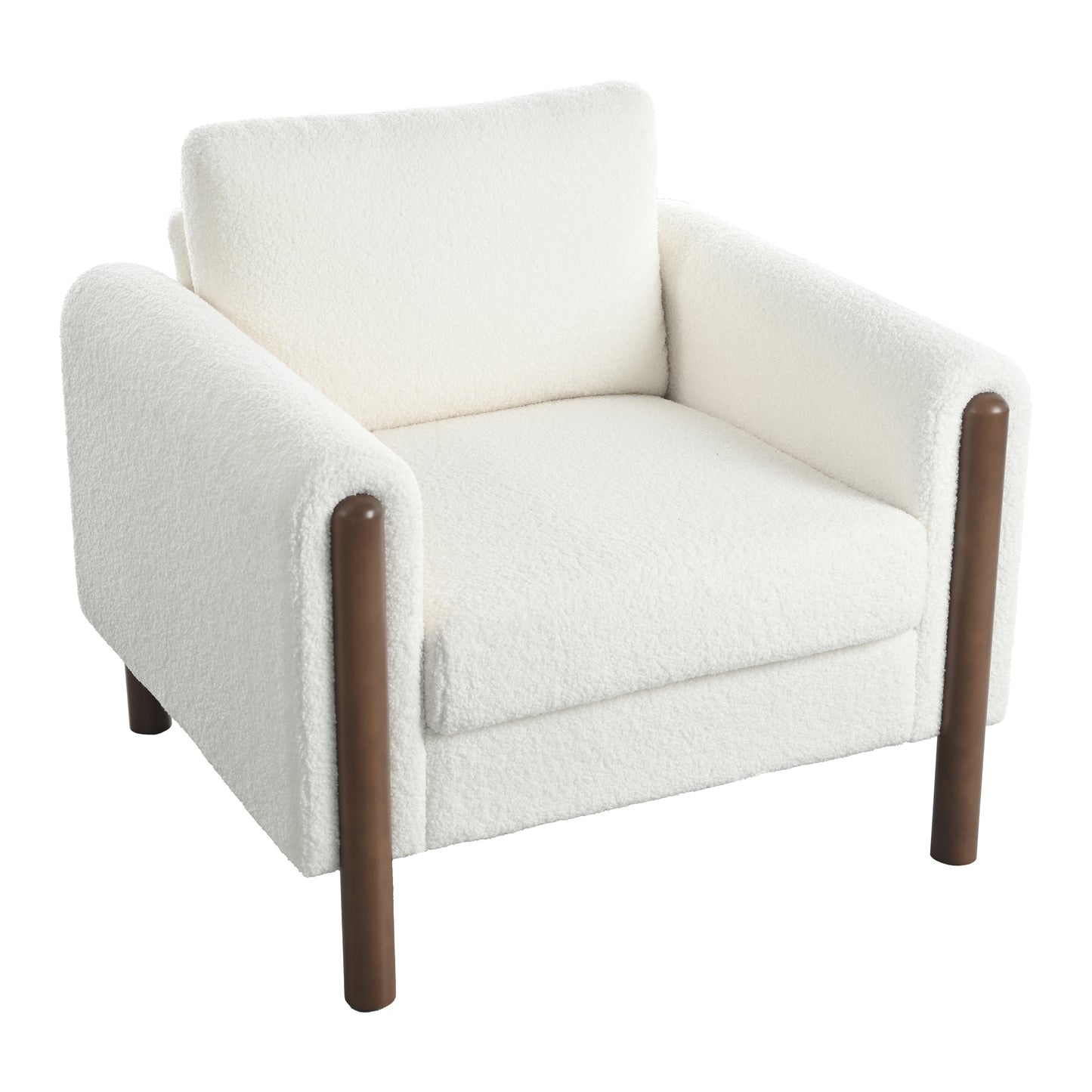 Oversized Accent Chair, Upholstered Living Room Chairs Single Sofa Chair with Walnut Legs, Curved handrail, White