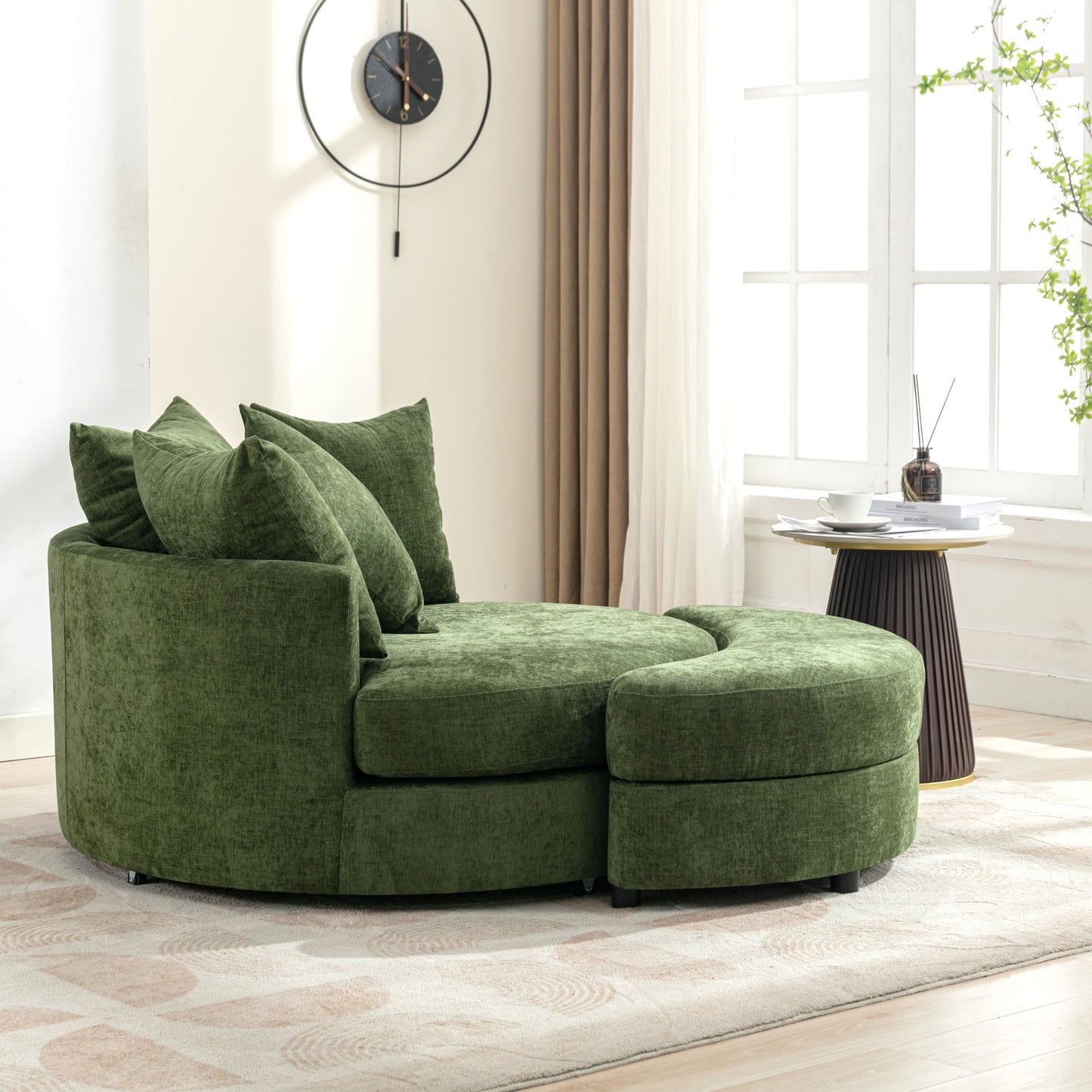 Orisfur. 360° Swivel Accent Barrel Chair with Storage Ottoman & 4 Pillows, Modern Chenille Leisure Chair Round Accent for Living Room, Green