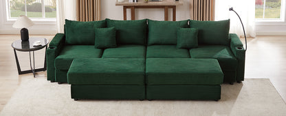 123.2" Modern Style 4-seater Sofa Sectional Sofa Couch with Storage Space, Two Movable Ottomans, Two USB Ports, Two Cup Holders, A Phone Holder for Living Room, Green