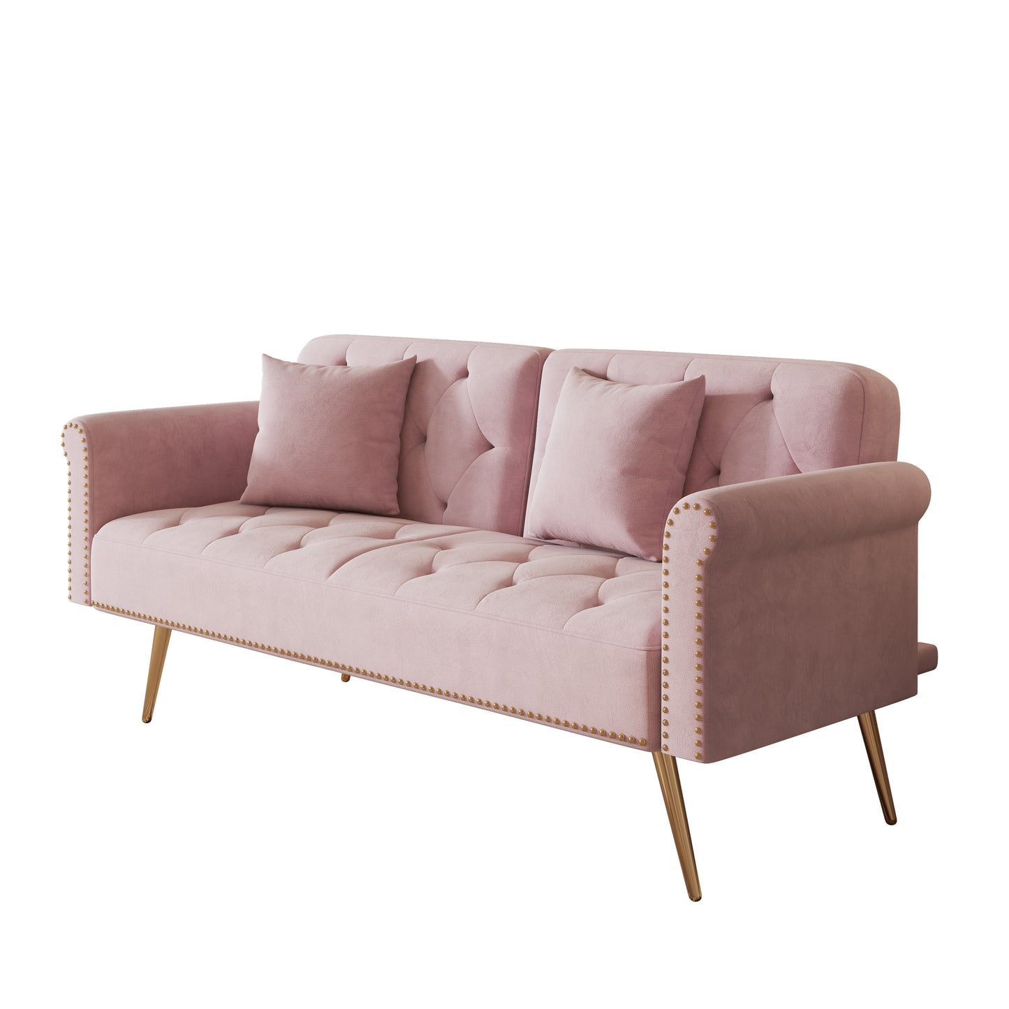 69.7 inch pink velvet nail head sofa bed with throw pillow