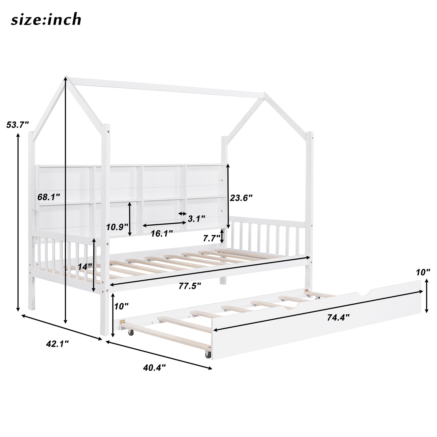 Wooden Twin Size House Bed with Trundle,Kids Bed with Shelf, White