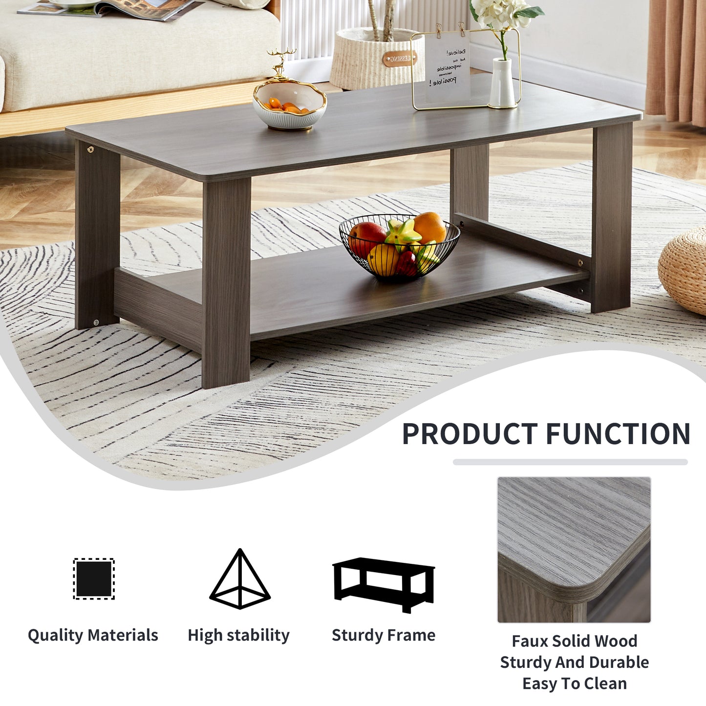 A modern and practical gray textured coffee table,tea table.Double layered coffee table made of MDF material,. Suitable for living room,bedroom and study room. 43.3"*21.6"*16.5"   CT-16