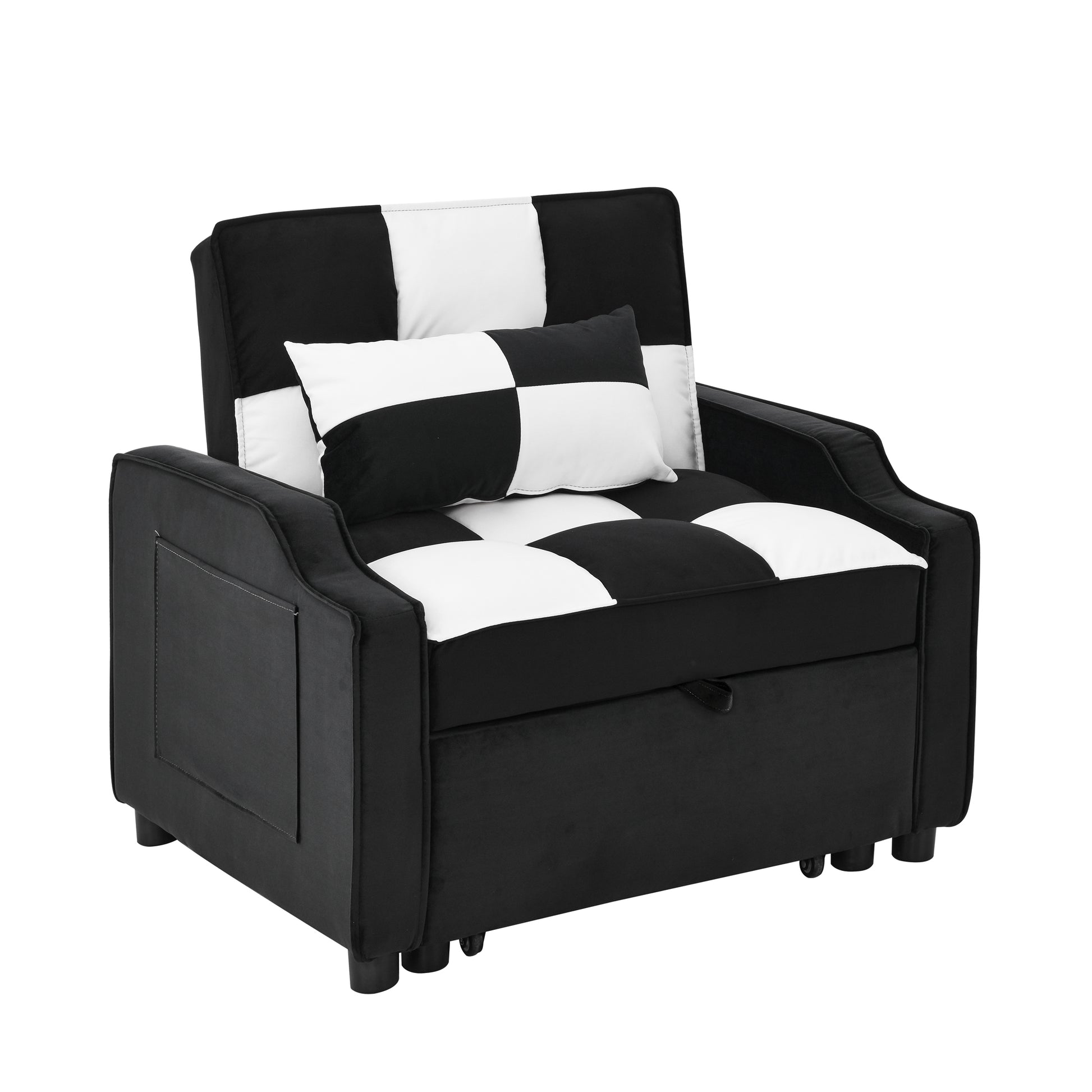 modern velvet armchair sofa couch  pull out  bed,3 in one convertible for living room sofa bed,black white